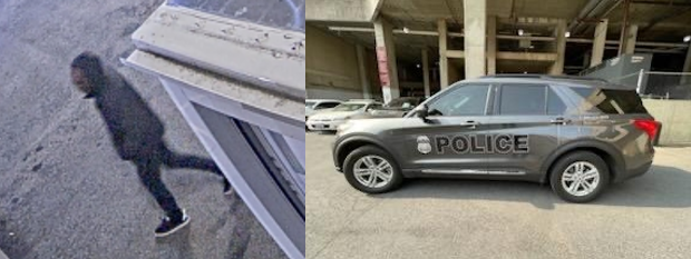 Composite photo. On the left, from above an unidentified person with their hands in their jacket pocket appears, slightly blurry, walking around the corner of a university building. On the left, a photo of a grey University of the District of Columbia police car sits outside of a building. The badge and word "POLICE" are visible along the driver's side doors, though tinted windows obscure a clear view inside of the vehicle.