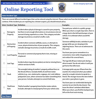 Screen Shot of Online Reporting Tool Webpage