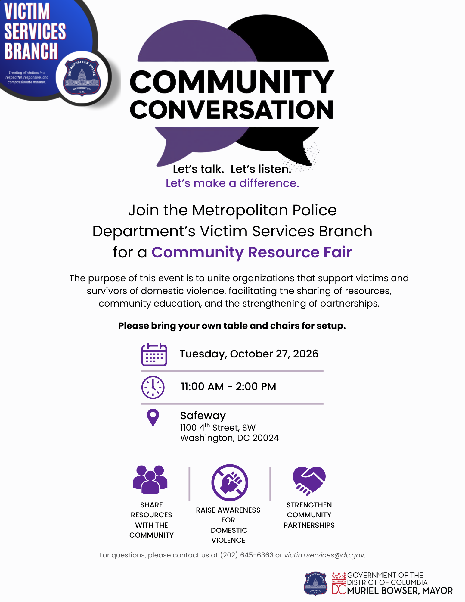 Join the MPD's Victim Services Branch for a community resource fair! Tuesday, October 27  11 am - 2 pm Safeway // 1100 4th Street, SW