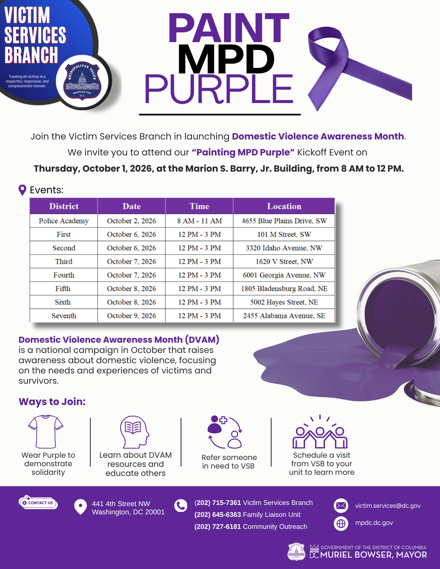 List of "Painting MPD Purple" events planned throughout the month of October