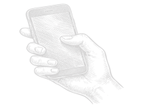 Woodcut illustration of hand holding modern cell phone